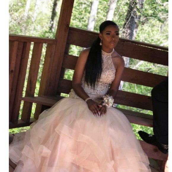 Champagne halter top mermaid style prom dress
